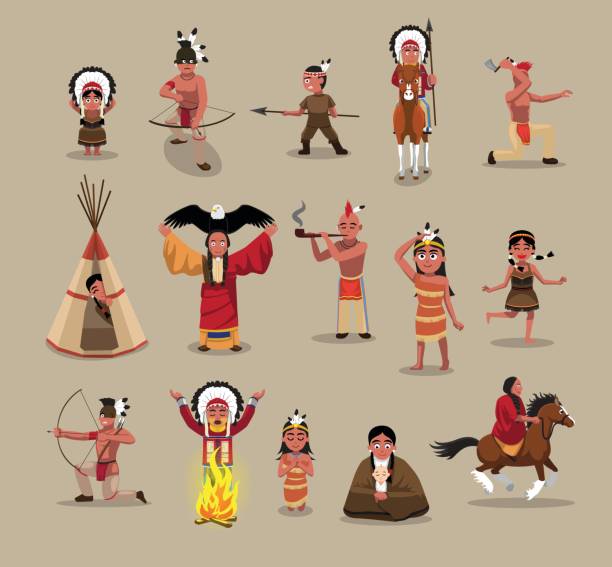 아메리카 원주민 사람들 포즈 만화 벡터 일러스트 레이 션 - indigenous culture illustrations stock illustrations