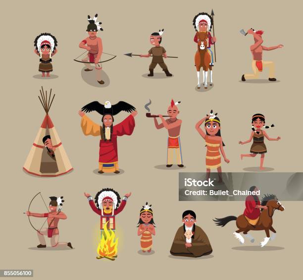 Native American People Poses Cartoon Vector Illustration Stock Illustration - Download Image Now