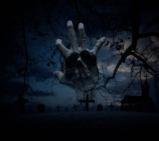 istock Double exposure of hand blend with human skull and stone texture 855058188