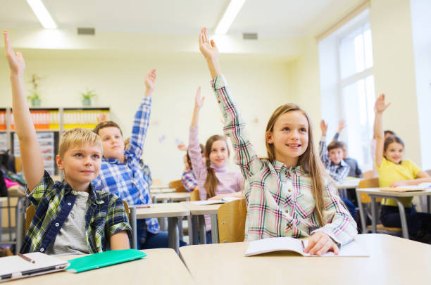 istock group of school kids raising hands in classroom 855060472