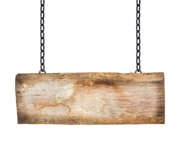 istock Old wooden signs hanging on a chain isolated on white 855061378