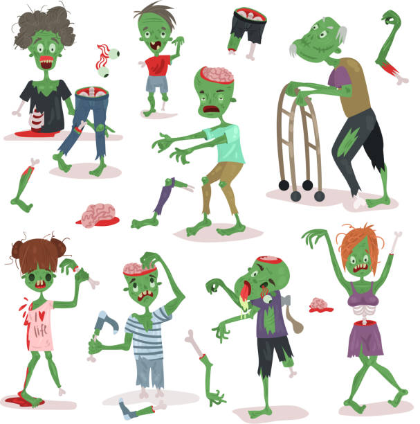 bildbanksillustrationer, clip art samt tecknat material och ikoner med zombie skrämmande cartoon människor karaktär halloween personer kropp delar grupp av söt grön karaktär monster vektorillustration - runner holding legs