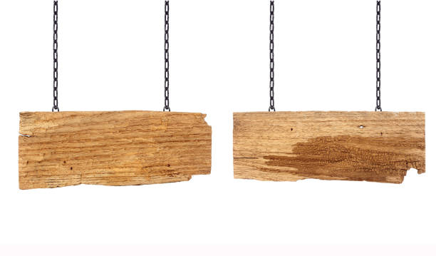 istock Wooden sign hanging on a chain isolated on white 855063556