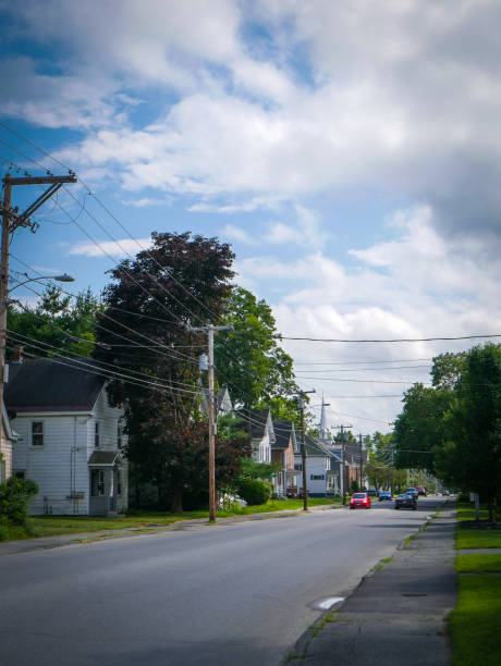 waterville, maine - town rural scene road new england stock-fotos und bilder