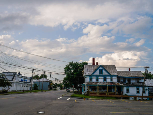 waterville, maine - town rural scene road new england stock-fotos und bilder