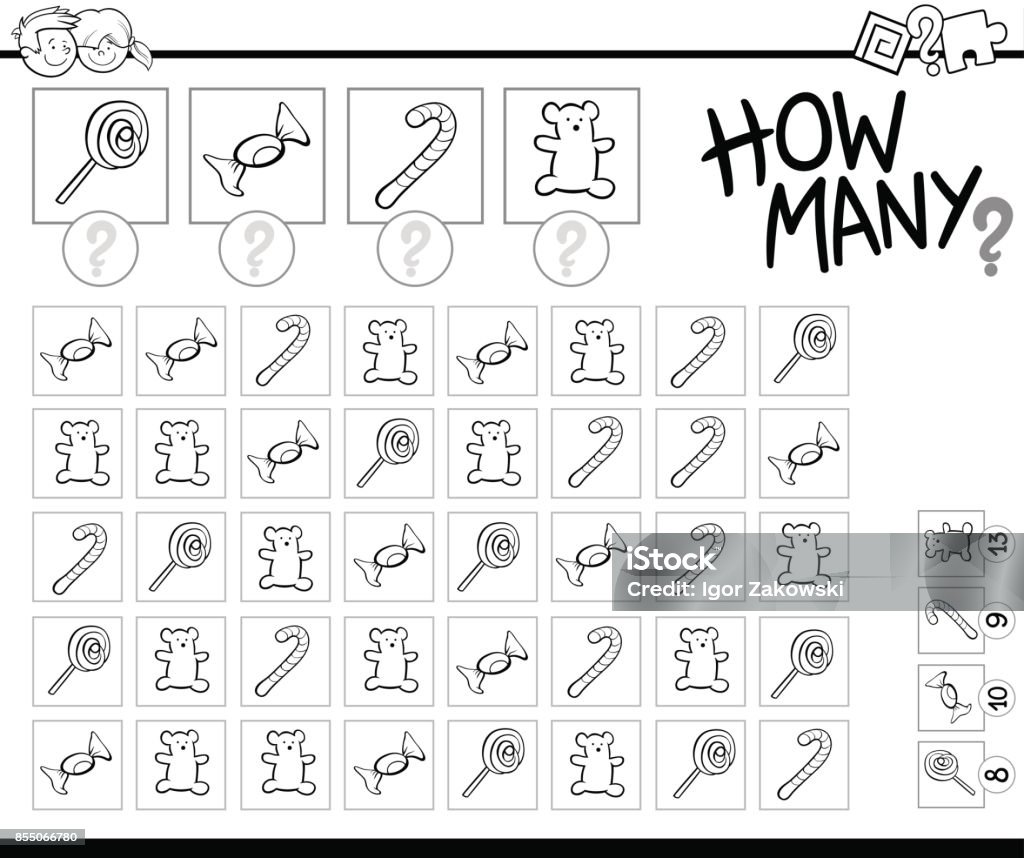 counting game with candy coloring book Black and White Cartoon Illustration of Educational How Many Counting Game for Children with Candy Sweets Coloring Book Coloring stock vector