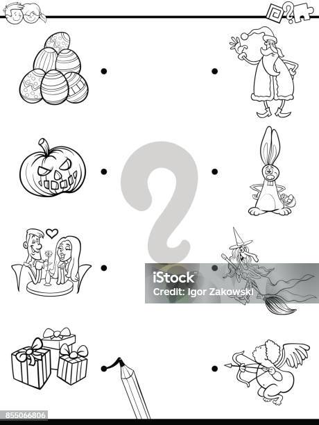 Match Holidays Educational Coloring Book Stock Illustration - Download Image Now - Black And White, Book, Cartoon