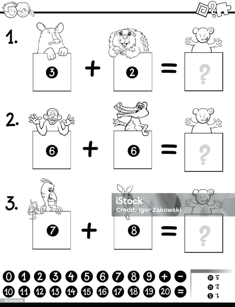 addition educational game coloring book Black and White Cartoon Illustration of Educational Mathematical Addition Activity Game for Children with Wild Animal Characters Coloring Book Algebra stock vector