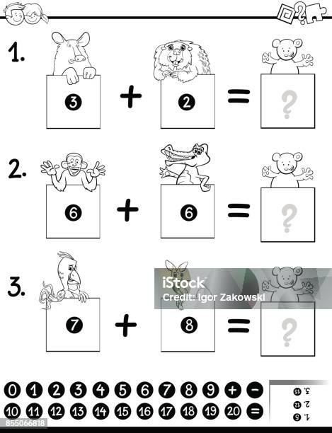 Addition Educational Game Coloring Book Stock Illustration - Download Image Now - Algebra, Animal, Bear