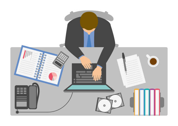 Businessman working at desk from above vector art illustration