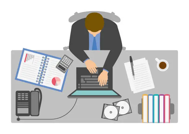 Vector illustration of Businessman working at desk from above