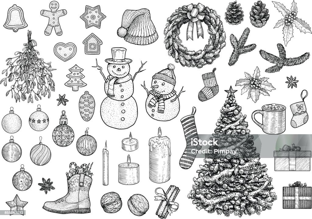 Collezione di Natale, illustrazione, disegno, incisione, inchiostro, line art, vettore - arte vettoriale royalty-free di Natale