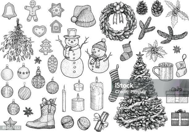 Collezione Di Natale Illustrazione Disegno Incisione Inchiostro Line Art Vettore - Immagini vettoriali stock e altre immagini di Natale