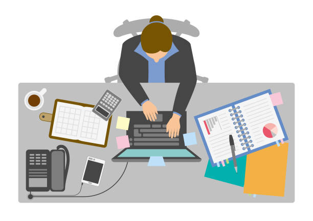 Businesswoman working at desk from above Overhead view of businesswoman at desk. business person typing on laptop stock illustrations