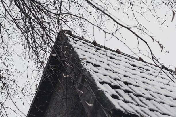 vista de ángulo bajo de casa con techo de nieve contra el cielo cambiante durante el invierno - shed cottage hut barn fotografías e imágenes de stock