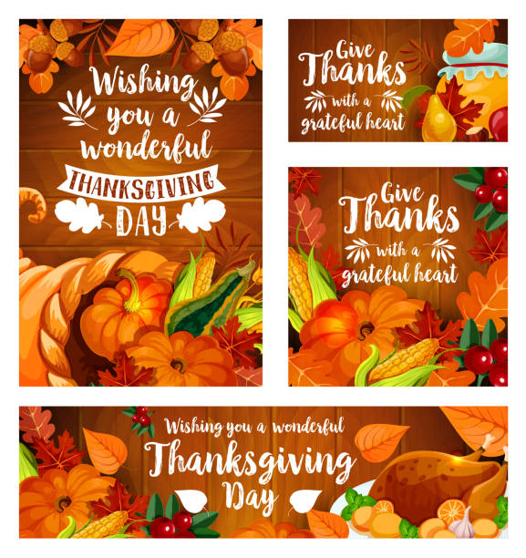 ilustrações de stock, clip art, desenhos animados e ícones de thanksgiving day greeting card template set - cornucopia november pumpkin leaf