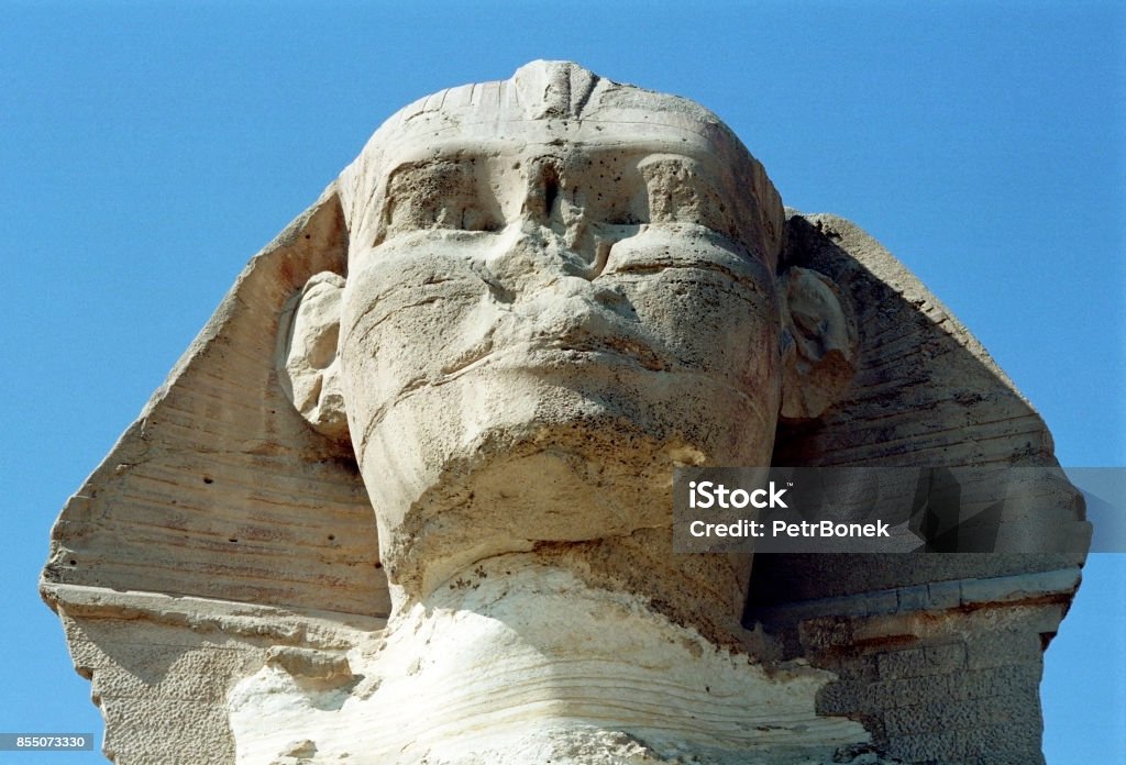 Close up of The Great Sphinx of Giza Close up of The Great Sphinx of Giza, Egypt. Limestone statue of a reclining sphinx, a mythical creature with the body of a lion and the head of a human Africa Stock Photo