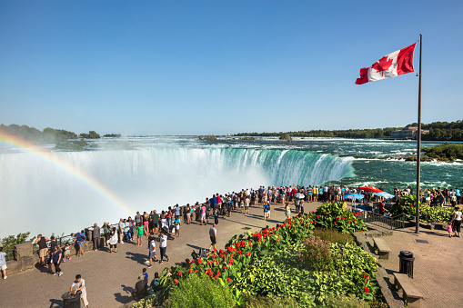Niagara Falls: Niagara Falls is the collective name for three waterfalls that straddle the international border between Canada and the United States; more specifically, between the province of Ontario and the state of New York. They form the southern end of the Niagara Gorge.