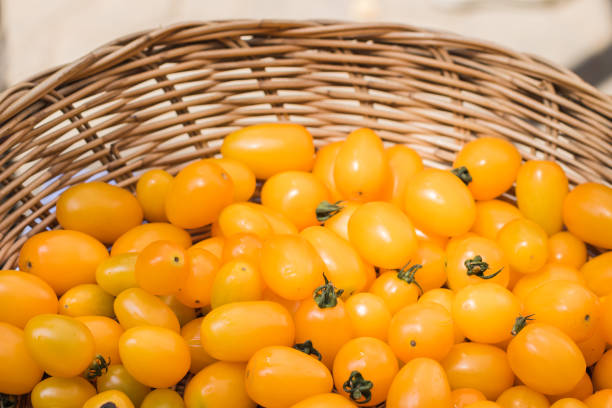 istock close up fresh yellow cherry tomat in basket. 855083472