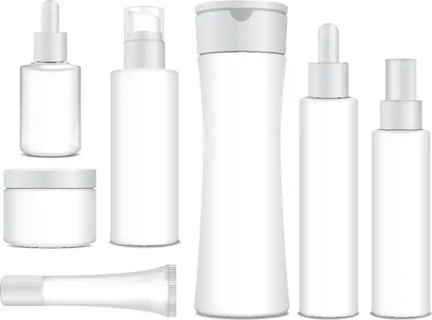 Vector illustration of Realistic cosmetic white vector bottles. Vector containers, tubes, sashet for cream, balsam, lotion, gel, shampoo, foundation cream. 3d Illustration