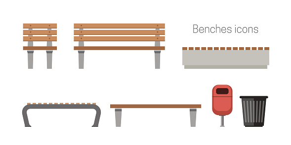 Benches flat icons. Outdoor wooden benches with garbage can.