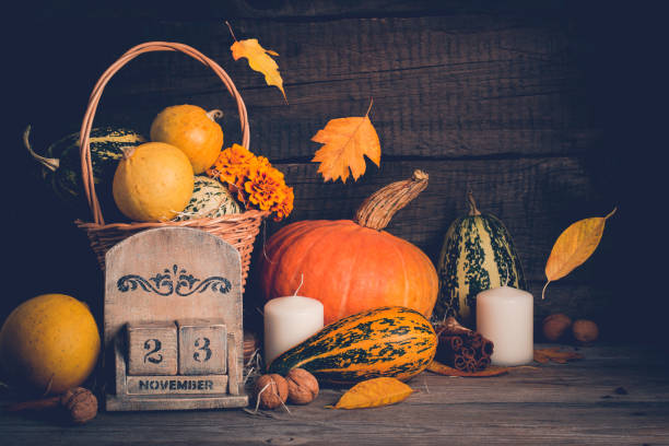 istock Autumn still life with pumpkins and falling leaves. Thanksgiving concept, copy space 855086464