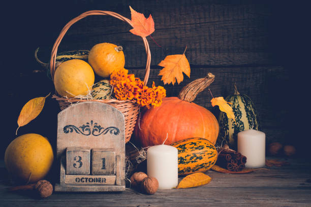 istock Autumn still life with pumpkins and  falling leaves. Halloween concept, copy space 855086474
