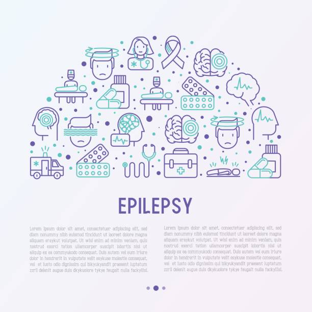 bildbanksillustrationer, clip art samt tecknat material och ikoner med epilepsi-konceptet i en halv cirkel med tunn linje ikoner av symtom och behandlingar: sjukdom, yrsel, kramper, hjärnan scan. världsdagen för epilepsi. vektorillustration för banner, webbsida, utskriftsmaterial. - brain scan'