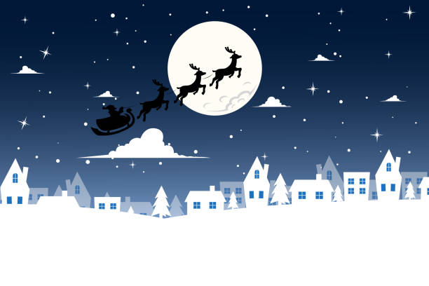 istock Blue background of santa claus flying over the city 855101700