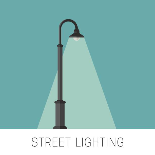 Street lighting banner Street lighting flat banner. Background with a luminous lamppost. street light stock illustrations