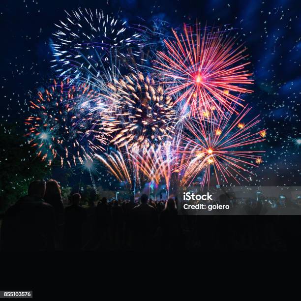 People Cheering In Front Of Vibrant Firework Stock Photo - Download Image Now - Firework - Explosive Material, Firework Display, People