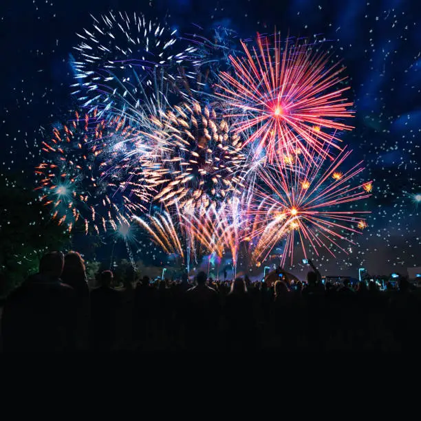 silhouettes of human crowd cheering in front of vibrant firework under night sky