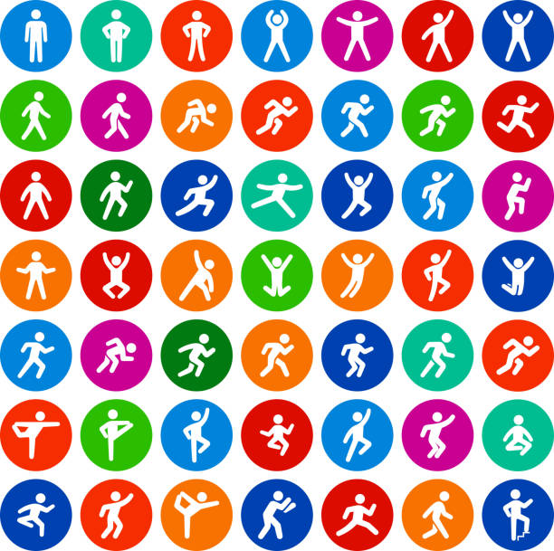 People in motion Active Lifestyle Flat Circles Vector Icon Set People in motion Active Lifestyle Vector Icon Set. This icon set featured 49 icons of stick figure people in various positions. They are ideal to illustrate active and healthy lifestyle. Each icon is designed to be used on it's own or as part of this set. jumping jacks stock illustrations