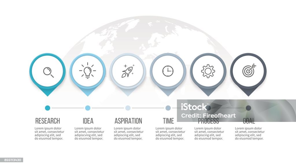 Business process. Timeline infographics with 6 steps, options, arrows. Vector template. Infographic stock vector