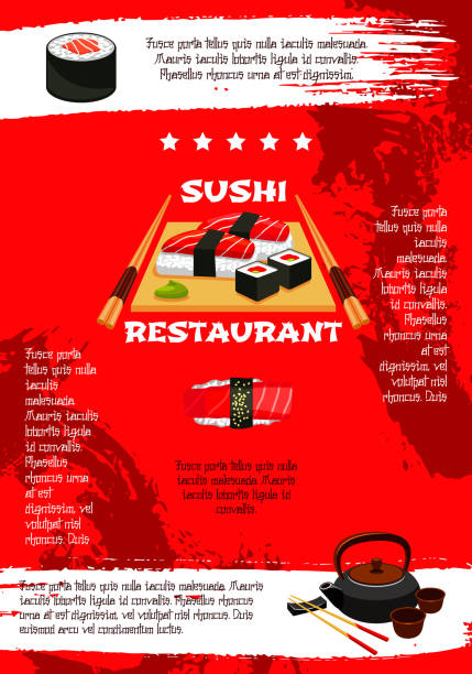 illustrations, cliparts, dessins animés et icônes de affiche de vecteur pour restaurant de sushi japonais - chutes de huka