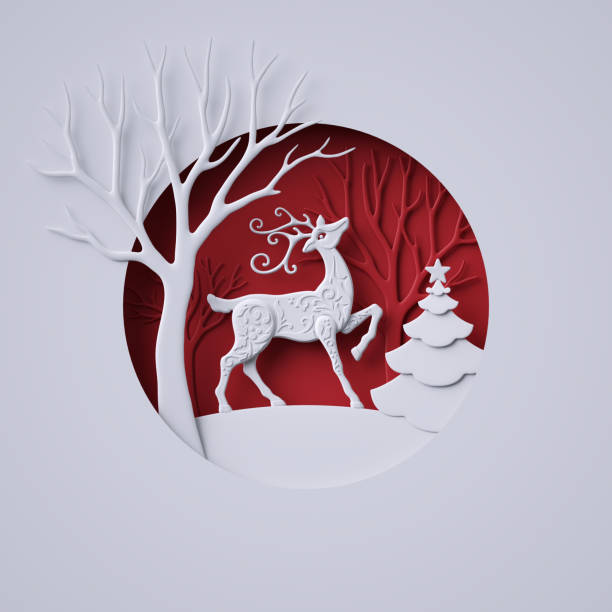 istock 3d render, digital illustration, flat white paper craft, reindeer, fir tree, layers, stag, Christmas greeting card, white tree, round decoration, red background 855114180