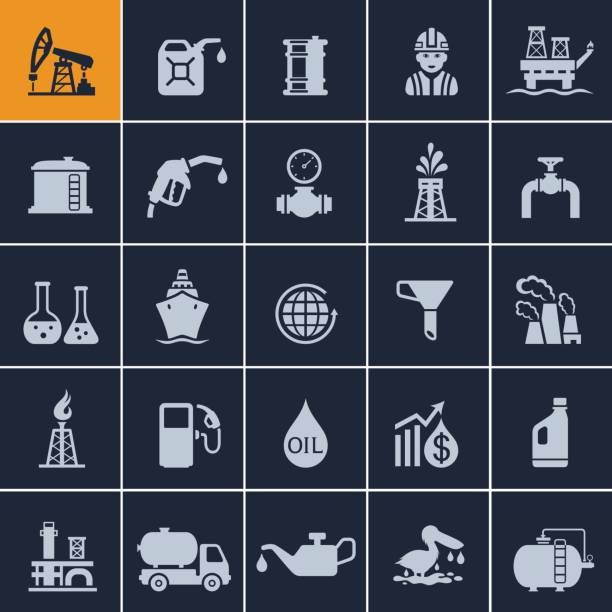 ilustraciones, imágenes clip art, dibujos animados e iconos de stock de conjunto de icono de la industria de aceite - oil well fire
