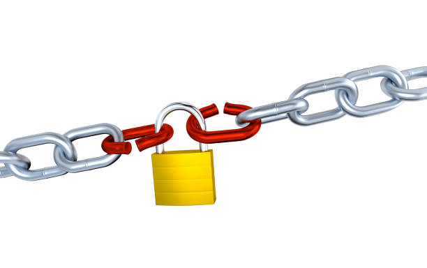Two Big Metallic Chains with Two Stressed Link Locked with a Padlock with a white background stress test stock pictures, royalty-free photos & images