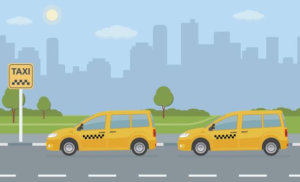 ilustraciones, imágenes clip art, dibujos animados e iconos de stock de taxi aparcamiento con dos automóviles en la ciudad de antecedentes. - parking sign taxi taxi sign cloud