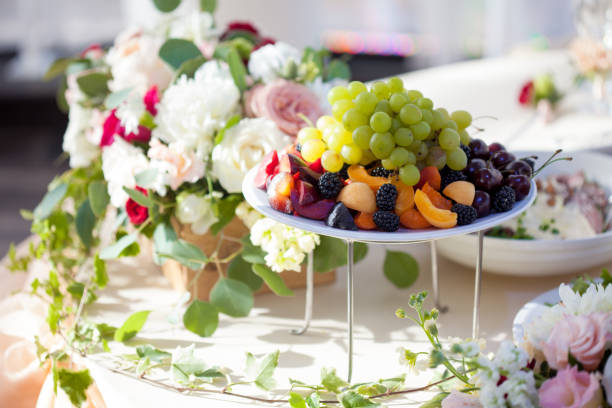 Wedding decor. Flowers in the restaurant, food on the table