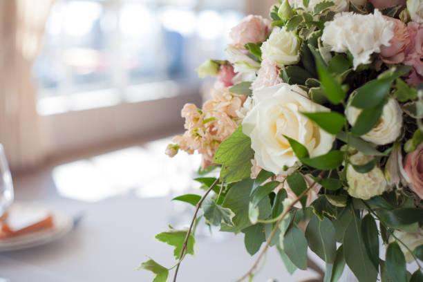 istock Wedding decor. Flowers in the restaurant, table setting 855124990