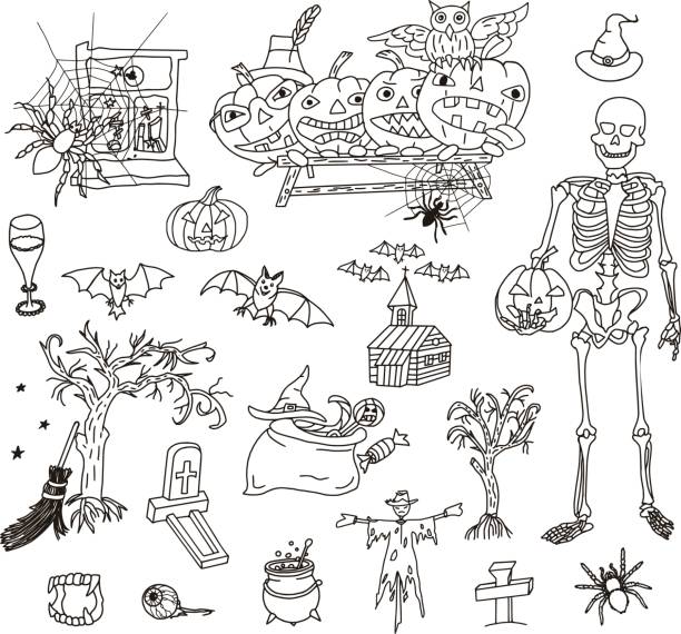 хэллоуин doodle установить - bat halloween human eye horror stock illustrations