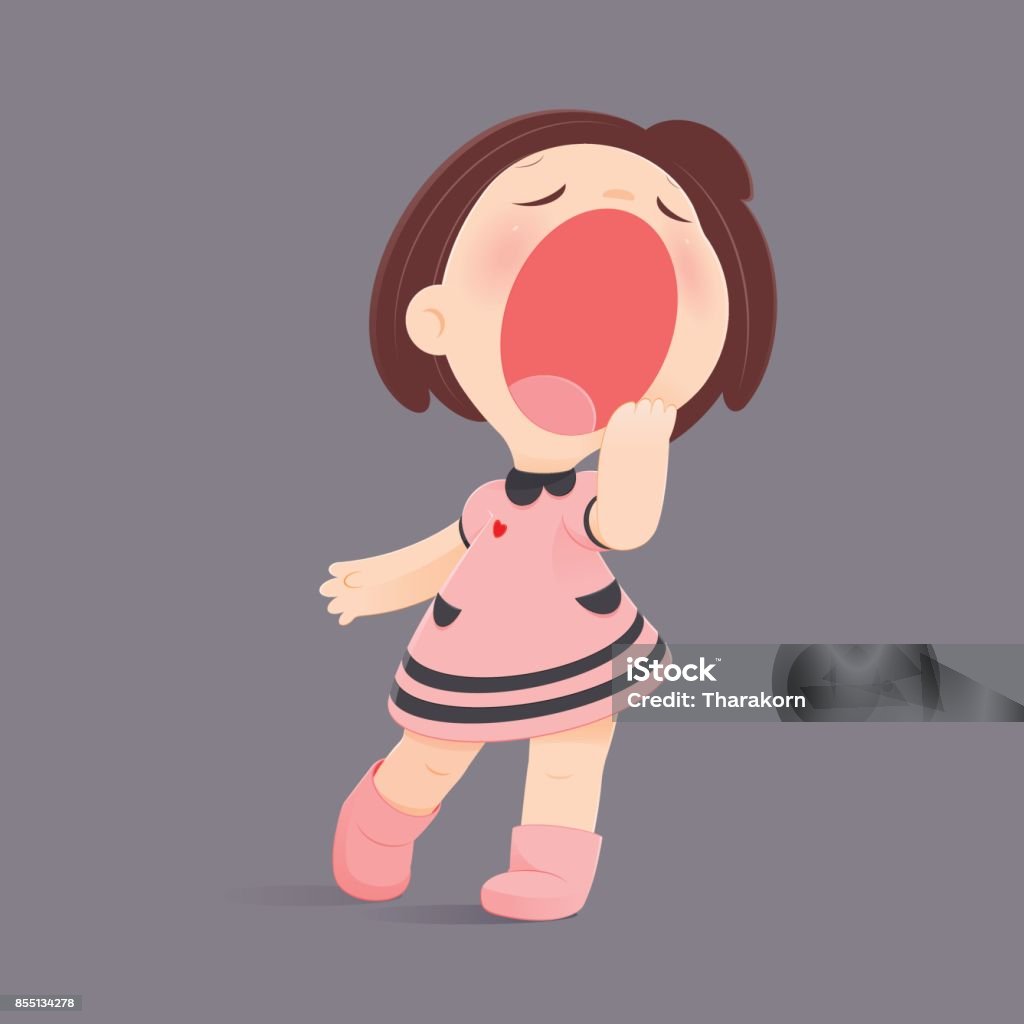 Cartoon Girl Yawning Against Gray Background, Sleepy, Vector illustration, Concept With Sleep And Relaxing. Adult stock vector