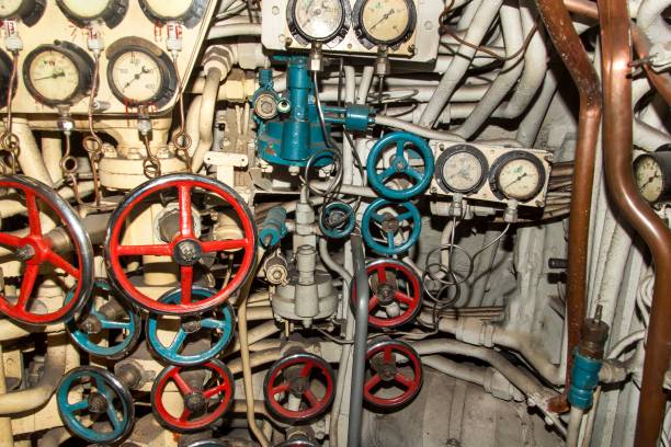 istock Interior of combat submarine compartment with devices of control. 855138140