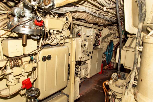 istock Interior of combat submarine compartment with devices of control. 855138316