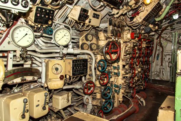 istock Interior of combat submarine compartment with devices of control. 855138486