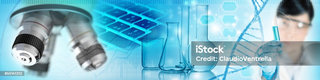 scientific lab analysis concept scientist, chemical glassware and microscope in blue background Laboratory Stock Photo