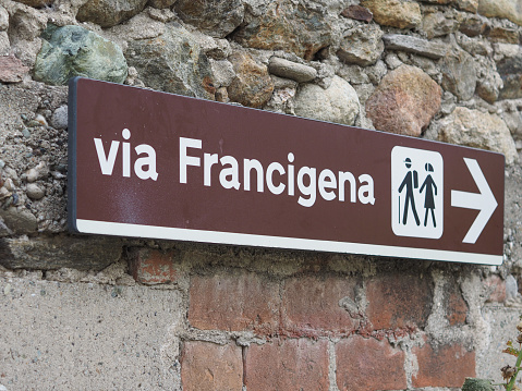 Via Francigena (ancient road and pilgrim route running from Canterbury to Rome via France) street sign