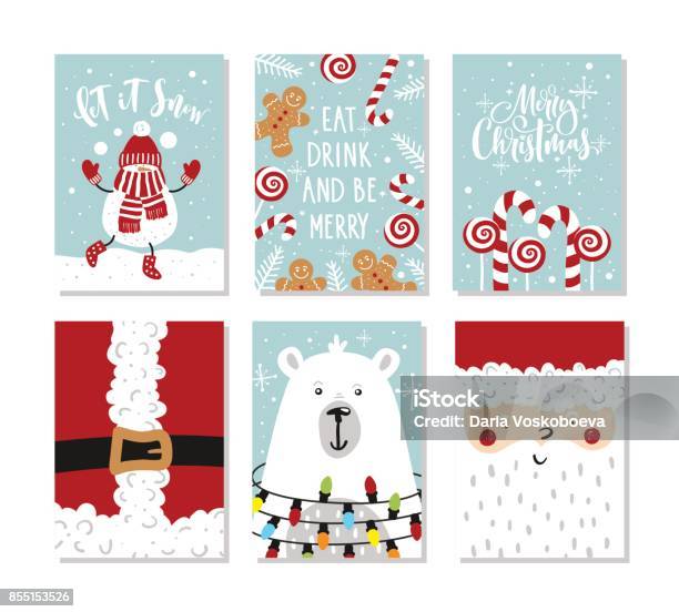 Set Of Christmas And New Year Greeting Cards Vector Illustration Hand Drawn Lettering Stock Illustration - Download Image Now