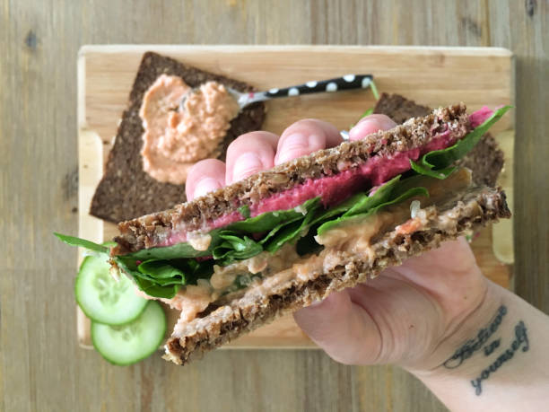 Homemade Vegan Sandwich with Beetroot Hummus